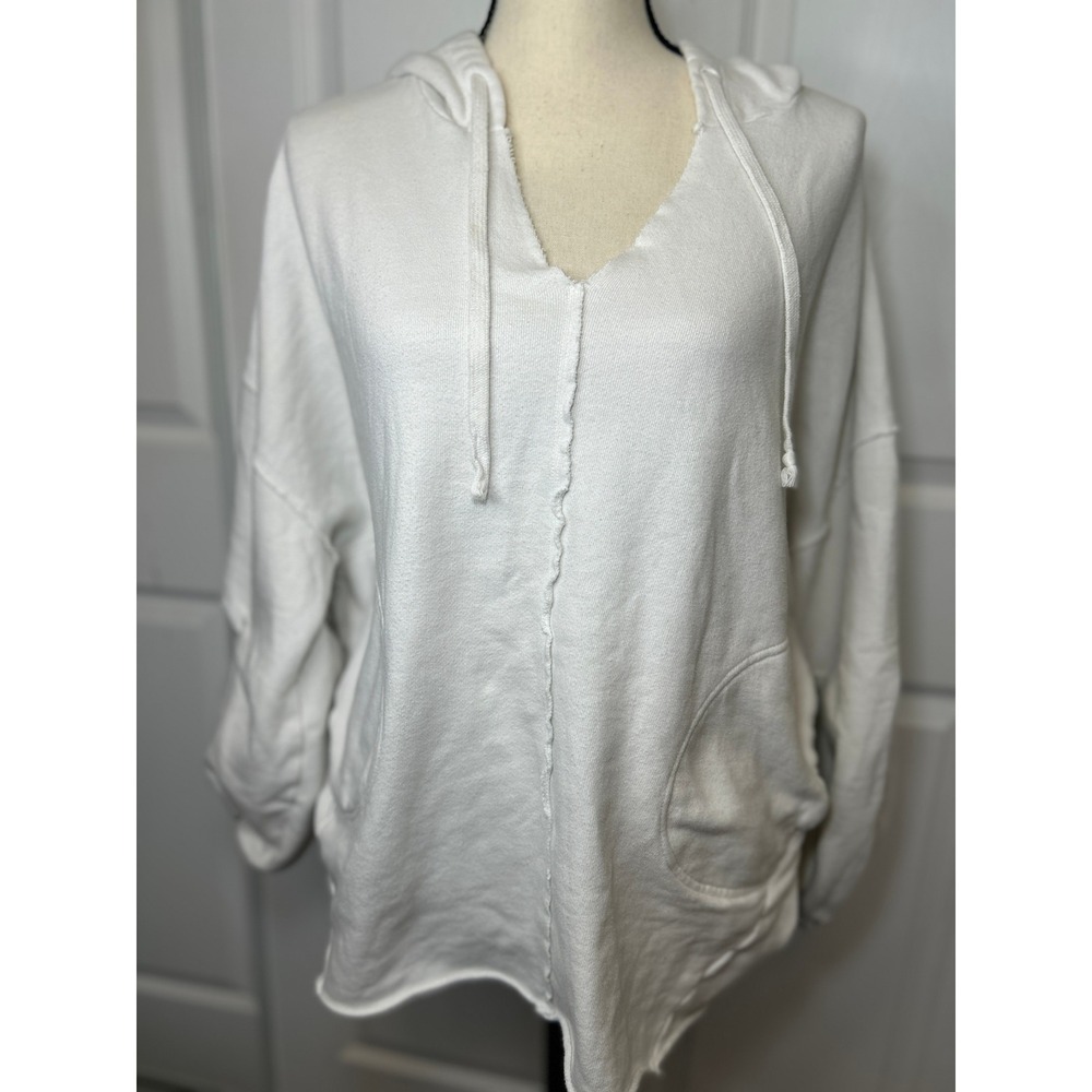 Free People White Hooded Balloon Sleeve Sweatshirt Hoodie Oversized XS Pockets